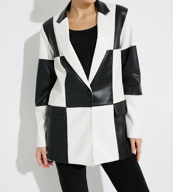 Faux Leather Blazer In Black/vanilla