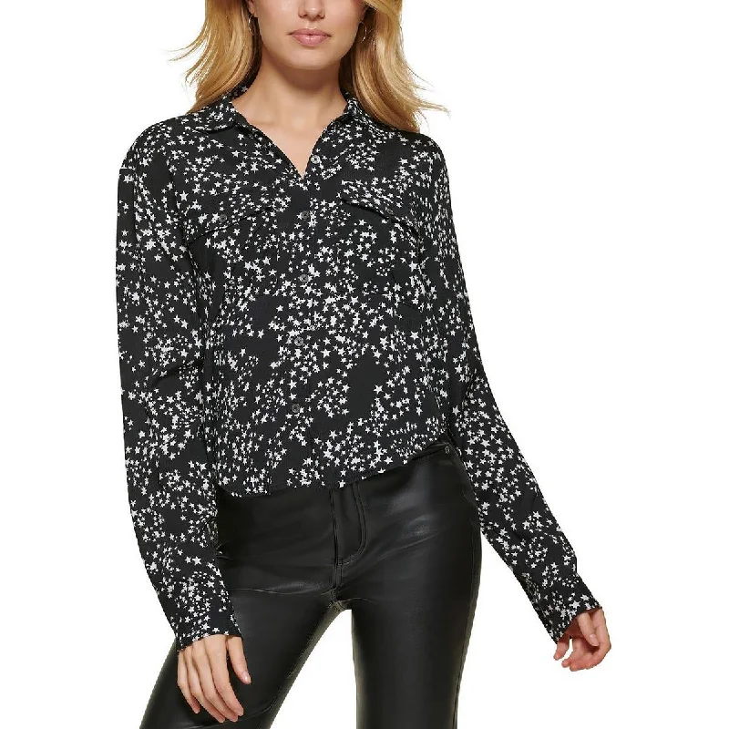 DKNY Jeans Womens Print Collared Button-Down Top