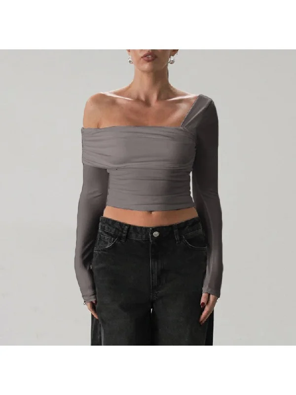 Solid Inclined Shoulder Cropped Tops